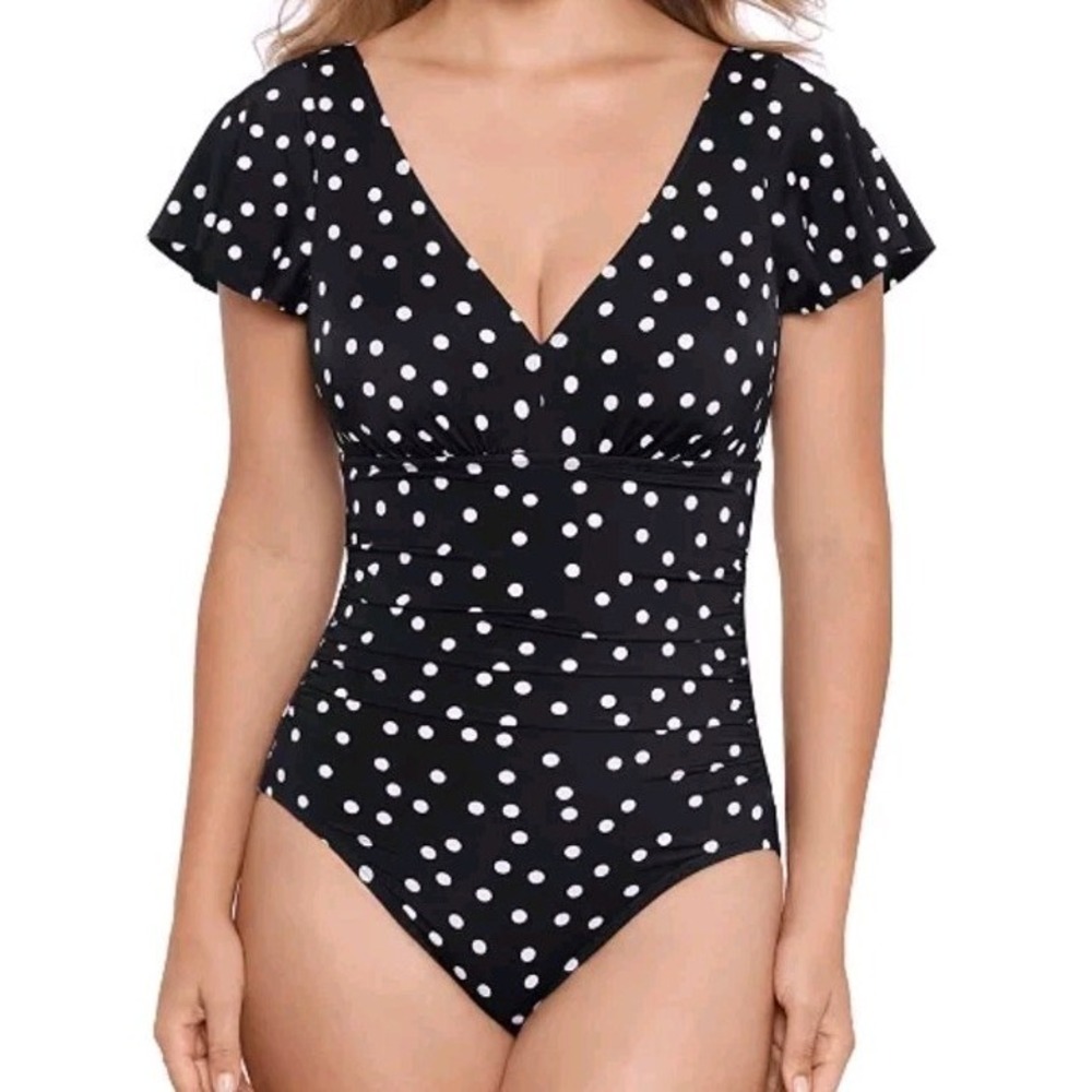 Swim Solutions‎ Flutter Sleeve Black/White Polka Dot 1 Piece Swimsuit Sz 12 New